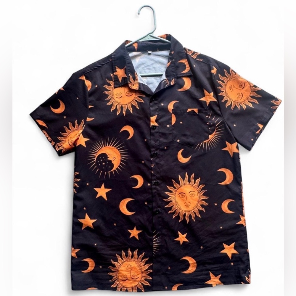 Y2K Celestial Button Up Shirt Sun Moon Stars Black Orange Witchy Goth Festival M